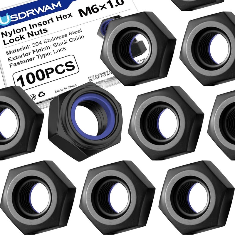 Usdrwam 100 Pack M6-1.0 Lock Nuts, 304 Stainless Steel Black PVD Hex Nylock Nuts for Machinery and Construction Equipment - Image 1